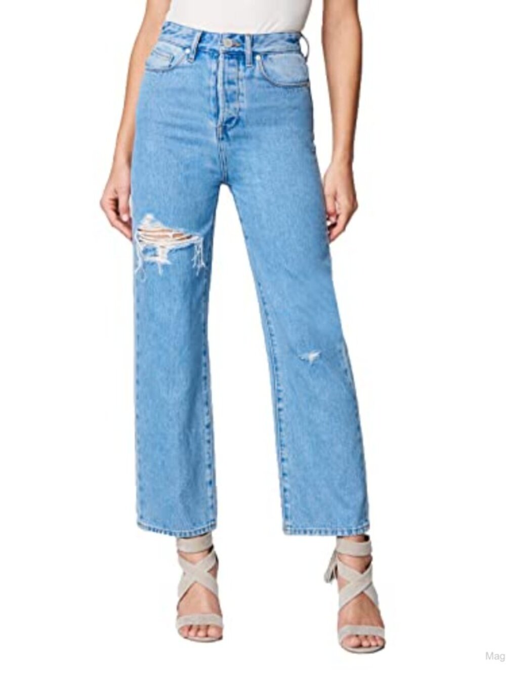 High Rise Straight Leg Jeans with Rips 100% Cotton Non-Stretch